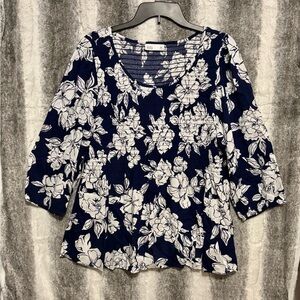 Croft & Barrow Navy and White Floral Smocked Blouse